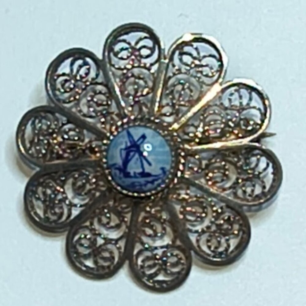 Vintage Topazio Portugal Sterling Silver Blue Enamel Wind Mill Brooch       18